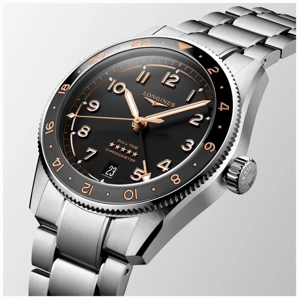 LONGINES SPIRIT ZULU TIME, quadrante nero, 39mm - L38024506