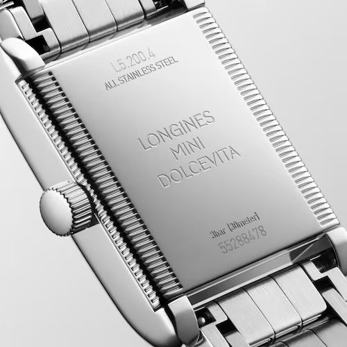 Orologio Longines MINI DOLCEVITA, movimento quarzo con quadrante madreperla tempestato di diamanti, 21.50 x 29.00 mm - L52004876