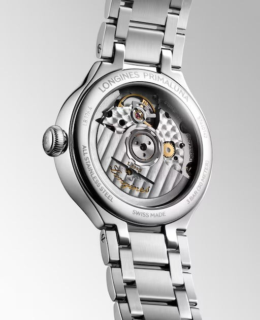 OROLOGIO LONGINES PRIMALUNA MOONPHASE, quadrante madreperla e indici di diamanti, 34mm - L81264876