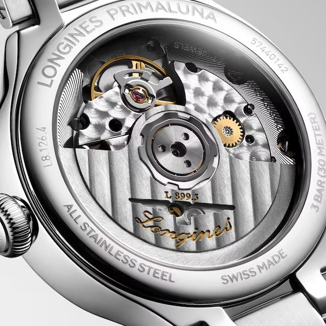 OROLOGIO LONGINES PRIMALUNA MOONPHASE, quadrante madreperla e indici di diamanti, 34mm - L81264876
