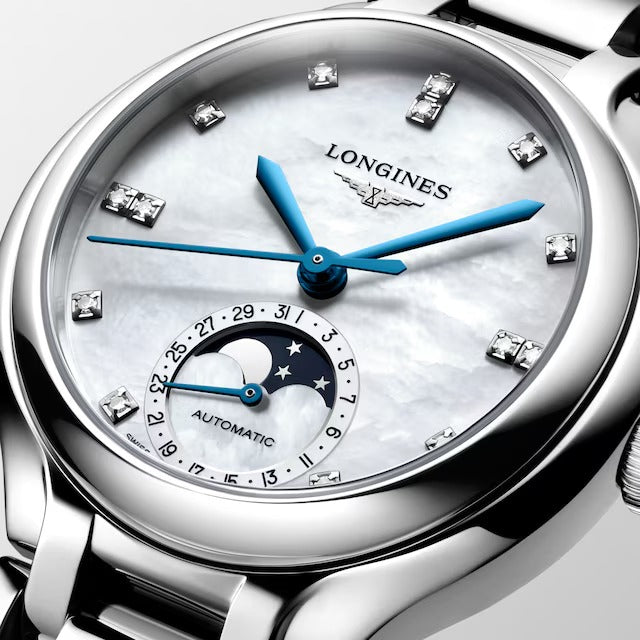 OROLOGIO LONGINES PRIMALUNA MOONPHASE, quadrante madreperla e indici di diamanti, 34mm - L81264876