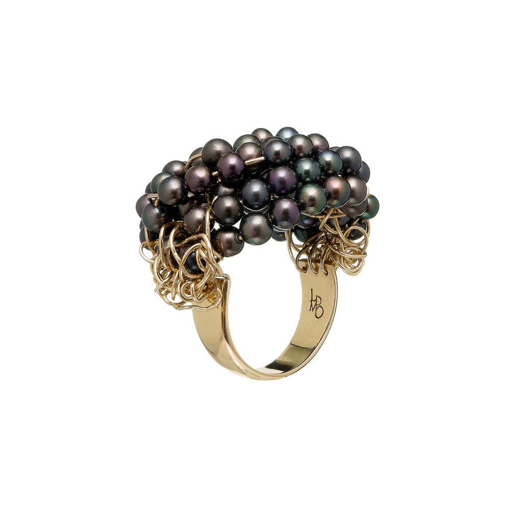 Anello LUCEDEIMIEIOCCHI, in argento dorato e perle nere, Collezione Lulù - LDMO 473