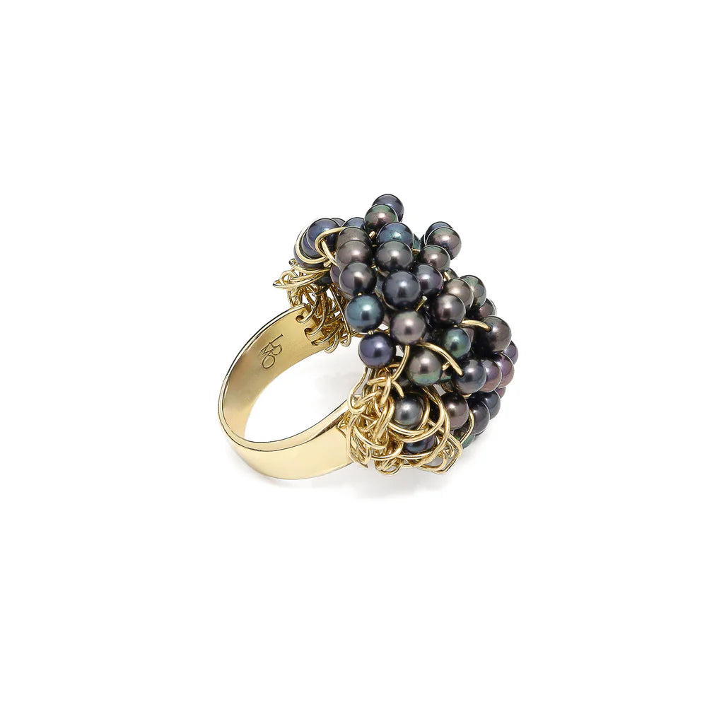Anello LUCEDEIMIEIOCCHI, in argento dorato e perle nere, Collezione Lulù - LDMO 473