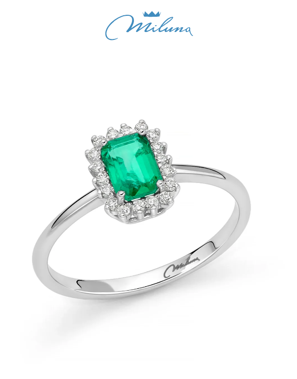 Anello Miluna con smeraldo ottagonale e diamanti in oro bianco 18kt - LID3675