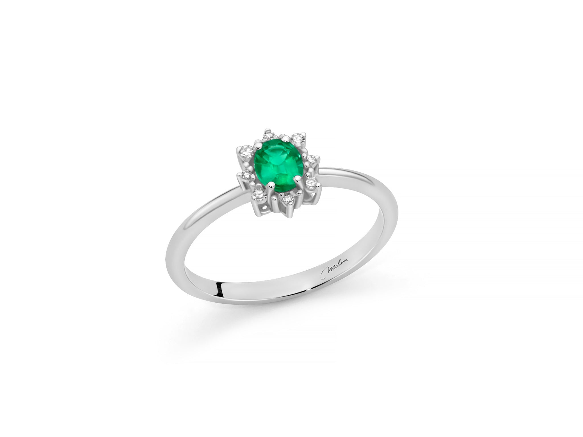 Anello Miluna in oro bianco 18kt con smeraldo ovale contornato di diamanti - LID4197