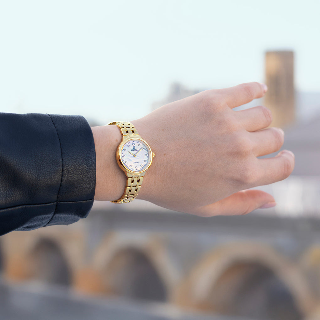 Orologio da donna Festina Mademoiselle, bracciale PVD oro e quadrante bianco, movimento quarzo, 28.5mm - F20745/1
