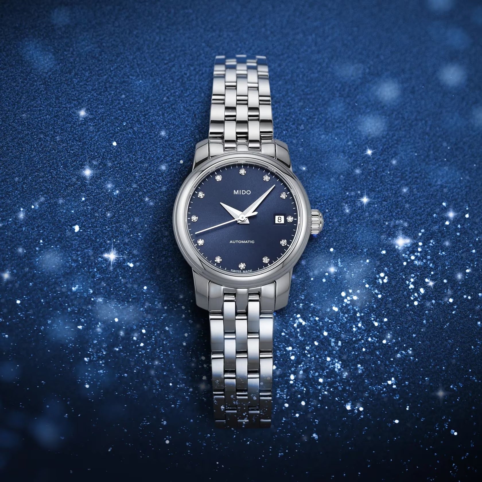 Orologio Mido Baroncelli Lady Twenty Five, automatico, indici di diamanti e quadrante blu, 25MM - M0390071104600