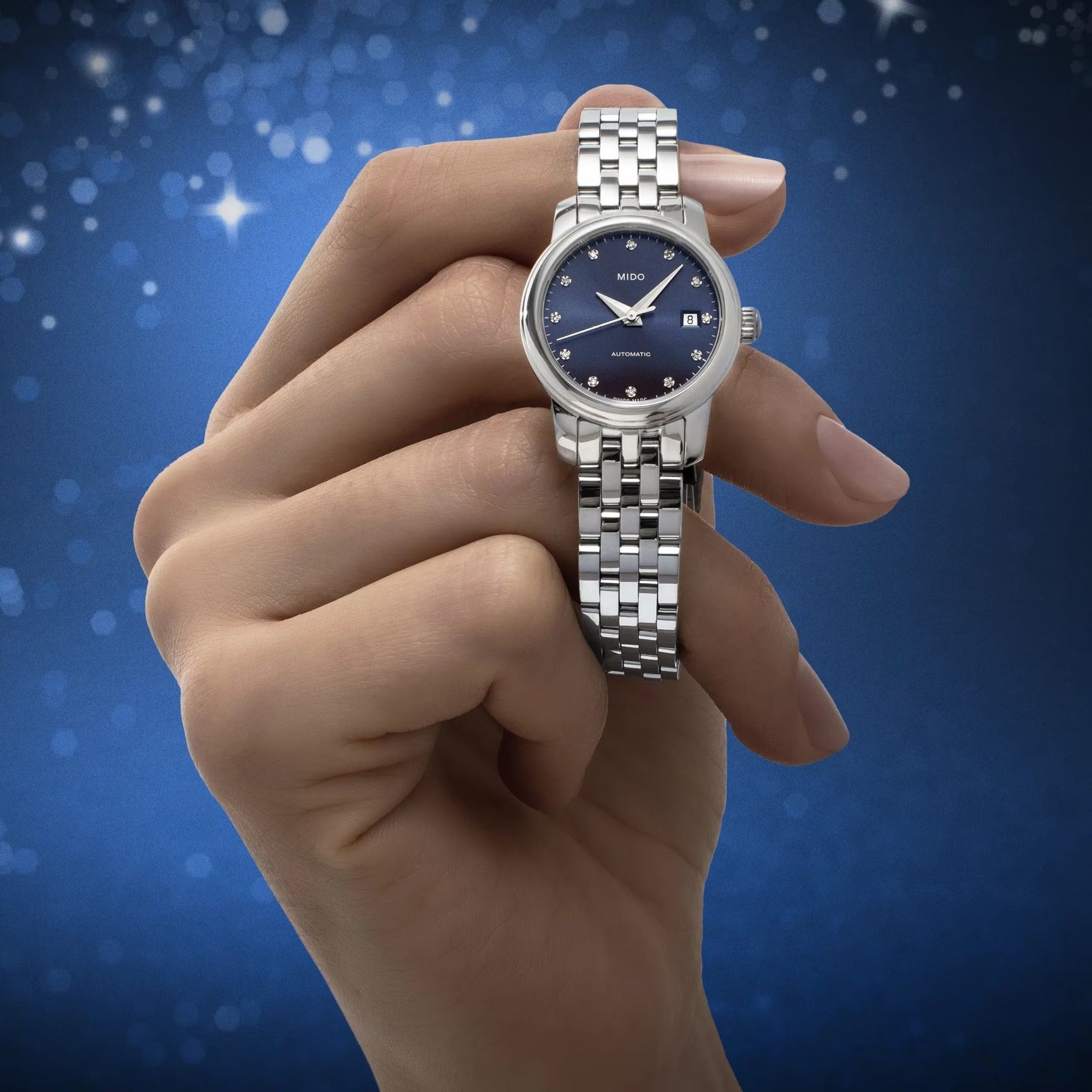 Orologio Mido Baroncelli Lady Twenty Five, automatico, indici di diamanti e quadrante blu, 25MM - M0390071104600