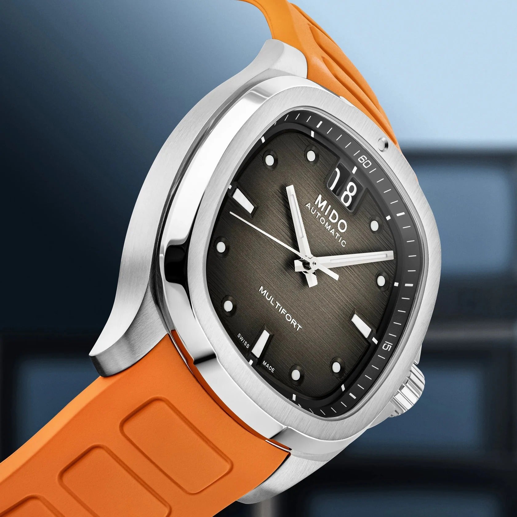Orologio Mido Multifort TV Big Date, automatico cinturino caucciù arancione e quadrante grigio, 40mm - M0495261708100