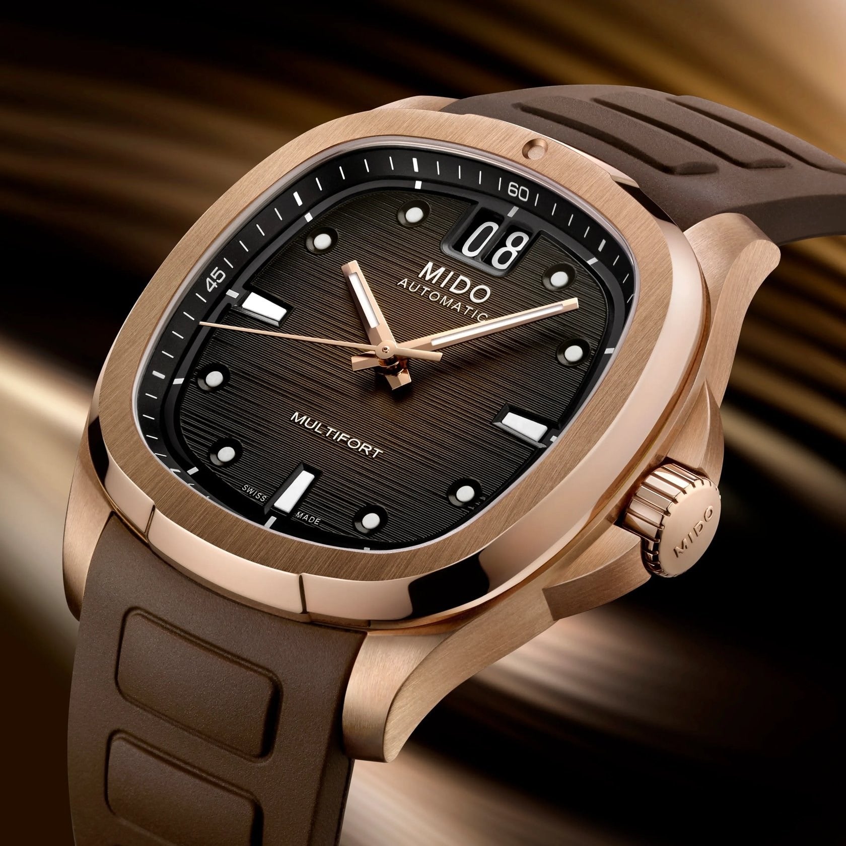 Orologio Mido Multifort 8 One Crown, automatico cinturino caucciù e quadrante marrone, 40mm - M0495263729100