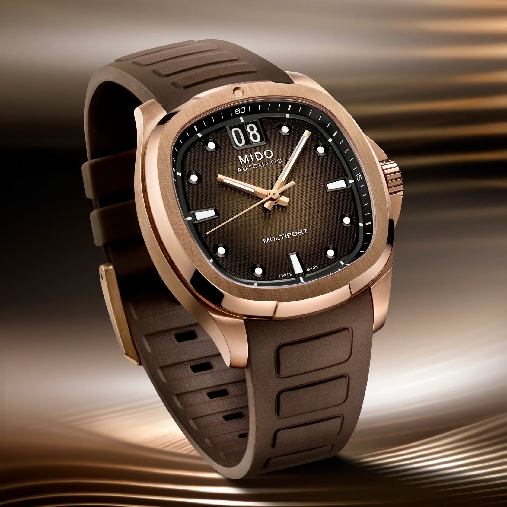 Orologio Mido Multifort 8 One Crown, automatico cinturino caucciù e quadrante marrone, 40mm - M0495263729100