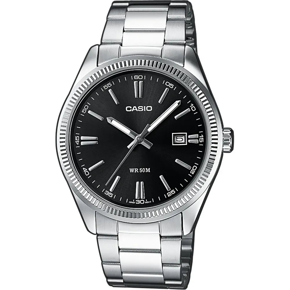 Casio Collection Uhr, schwarzes Zifferblatt und geriffelte Lünette, 38,5 mm – MTP-1302PD-1A1VEF
