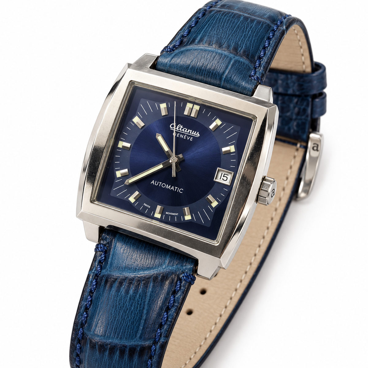 Orologio Altanus Genève — Cassa quadrata in acciaio 33 x 31 mm — Automatico con datario — NOS con corredo originale - 7746