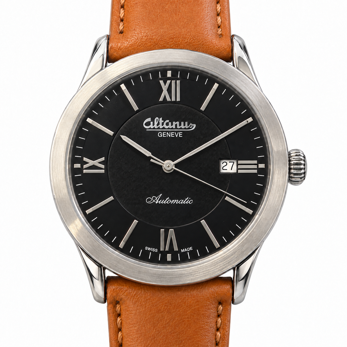 Orologio Altanus Prestige — Automatico con fondello a vista, quadrante nero e cinturino marrone — NOS, 41mm - 7938