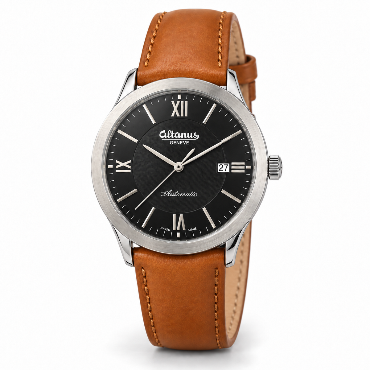 Orologio Altanus Prestige — Automatico con fondello a vista, quadrante nero e cinturino marrone — NOS, 41mm - 7938