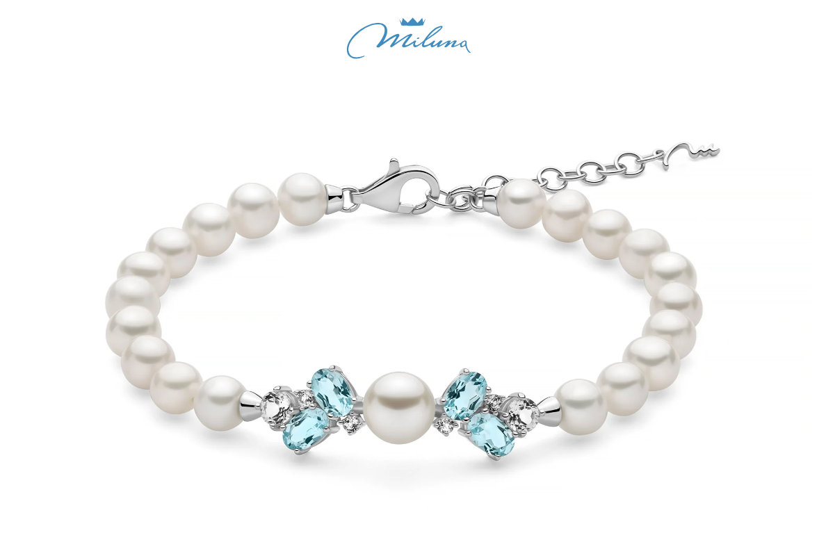 BRACCIALE miluna di perle Oriente Celestia con Gemma del Cielo centrale , chiusura oro bianco 18kt - PBR3822