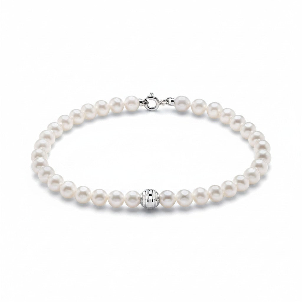 Bracciale Miluna di perle coltivate orientali e sferetta centrale in oro bianco 9kt, 5-5.5mm - PBR3826BX