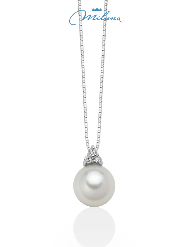 Miluna-Halskette mit Orientperle und drei Diamanten in 18 Karat Weißgold – PCL6269