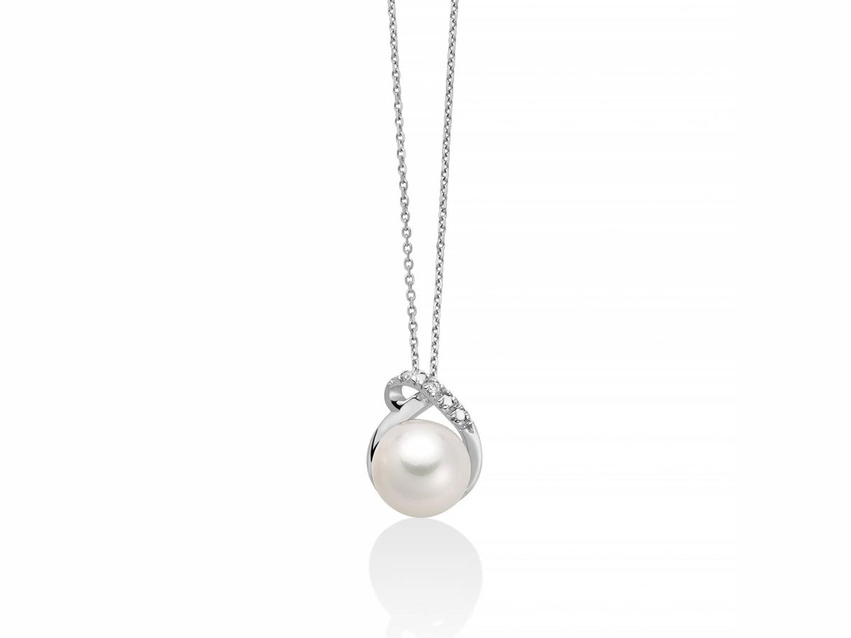 Miluna Collana in oro bianco 18 kt con perla Oriente 7,5-8 mm, elemento sinuoso e diamante naturale ct 0,004 - PCL6425