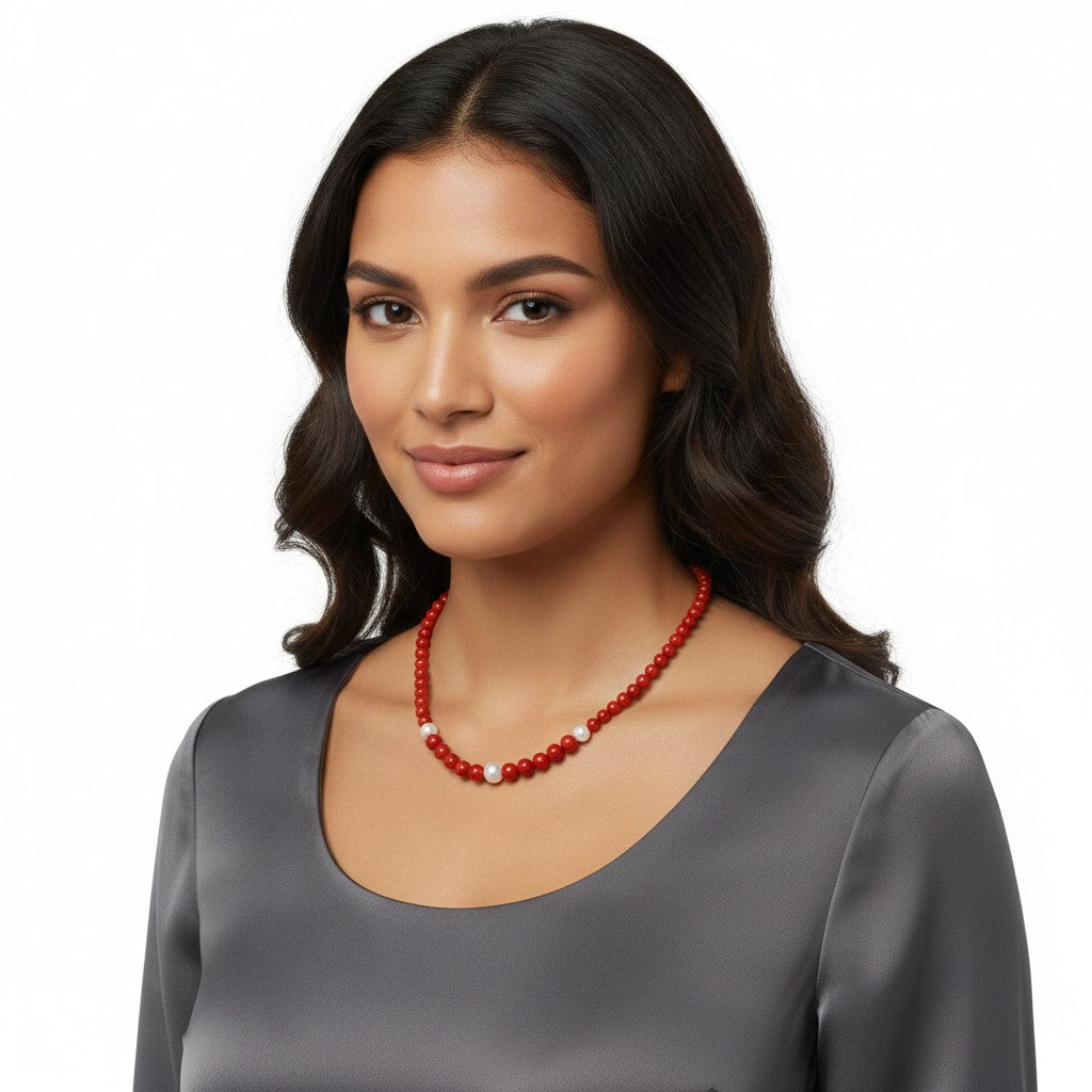 Collana Miluna "Terra e Mare" – Perle freshwater e agglomerato di Corallo Rosso, con chiusura in argento - PCL6694