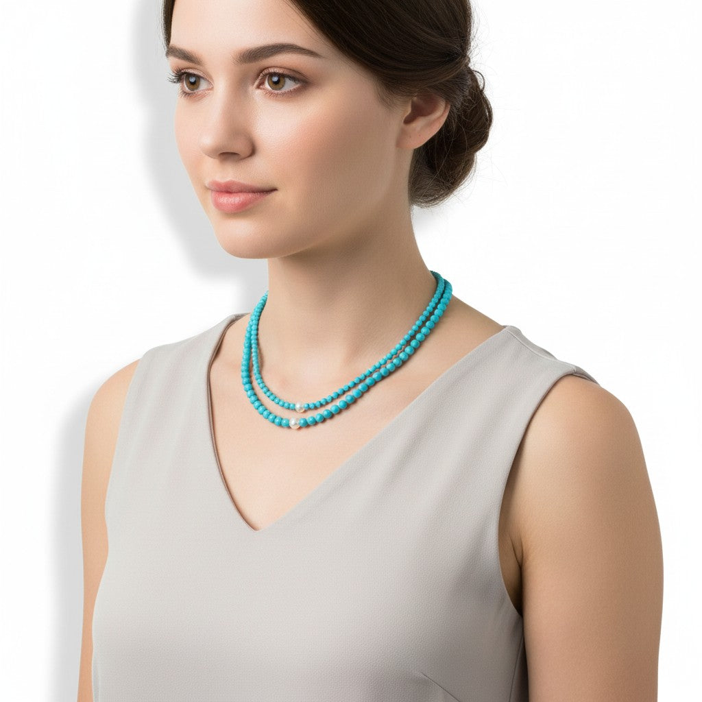 Collana Miluna "Terra e Mare" – Perle e Agglomerato di Corallo Turchese a doppio filo - PCL6788
