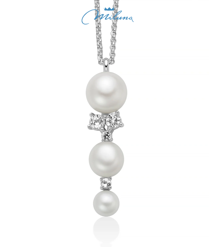 Collana miluna IN ARGENTO, collezione Andromeda con pendente di quattro perle Oriente a scalare e topazi bianchi - PCL6799