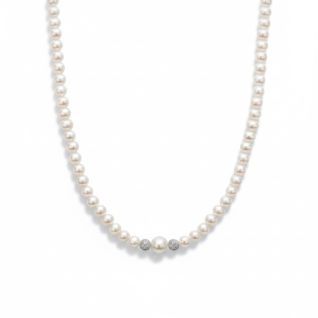 Collana Miluna di perle Oriente con sfere in oro bianco 18kt diamantate - PCL6970