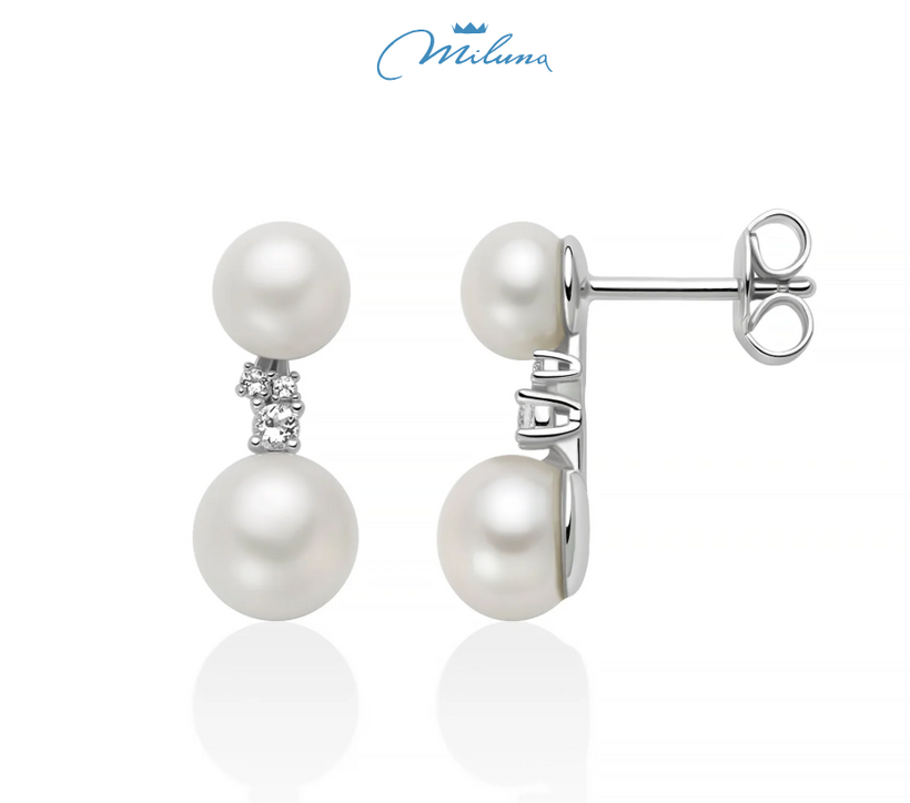 Orecchini Miluna in argento, collezione Andromeda con due perle Oriente e topazi bianchi - PER2889