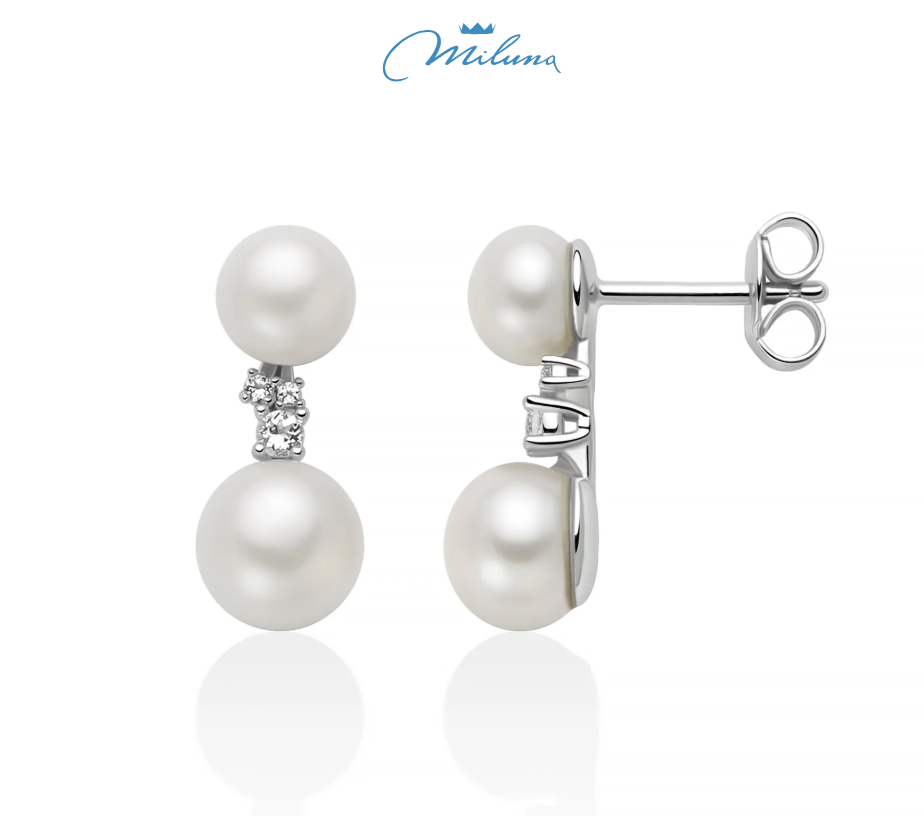 Orecchini Miluna in argento, collezione Andromeda con due perle Oriente e topazi bianchi - PER2889
