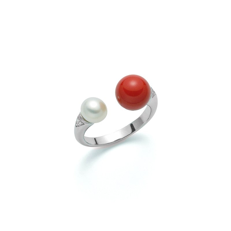 Anello Miluna collezione Terra e Mare, contrariè, in argento e pasta di corallo rosso - PLI1601