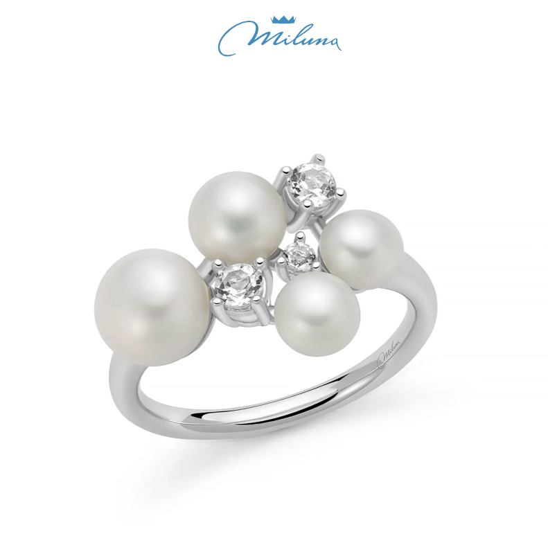 Anello Miluna in argento, Andromeda con quattro perle Oriente e topazi bianchi - PLI1740