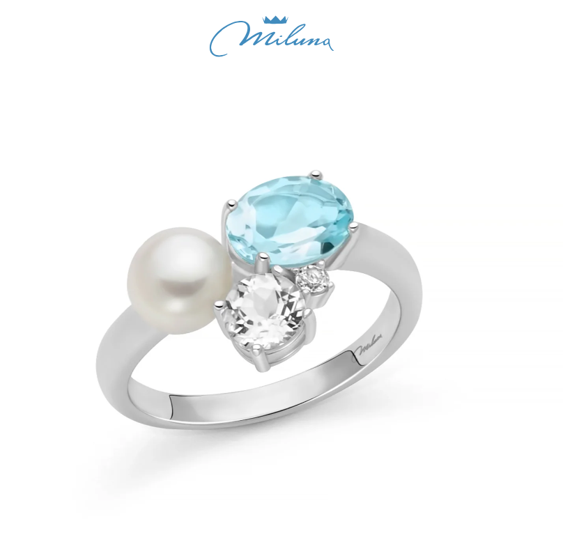 Anello Miluna in argento, collezione Celestia con perla Oriente, Gemma del Cielo e topazio bianco - PLI1766