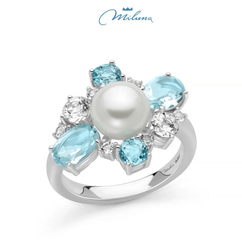 Anello Miluna in argento, COLLEZIONE Celestia con perla Oriente, quattro Gemma del Cielo e topazi bianchi - PLI1768