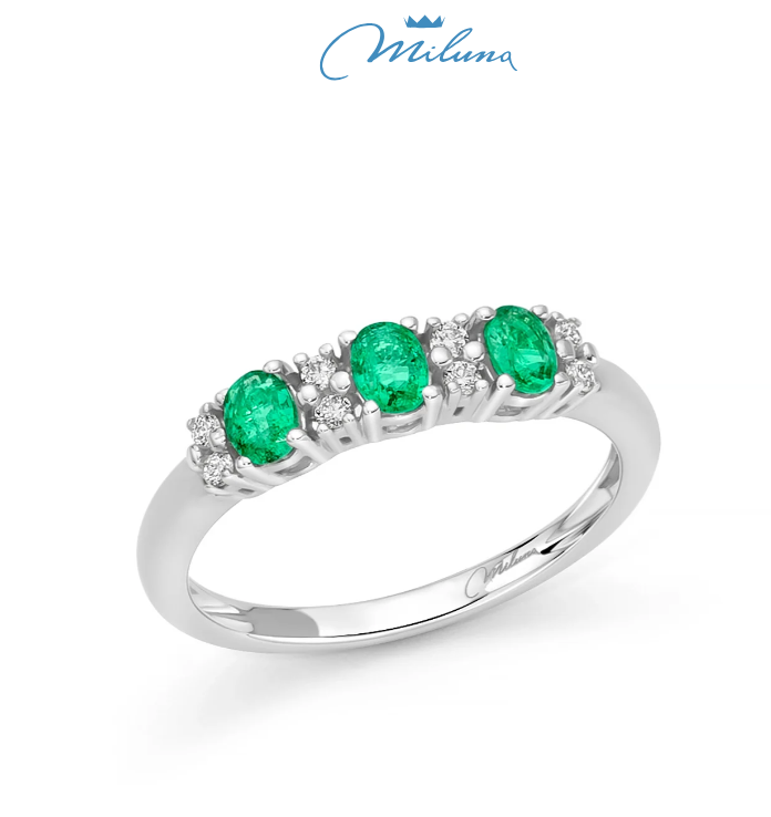 Anello trilogy Miluna con smeraldi ovali e diamanti in oro bianco 18kt - LID3757