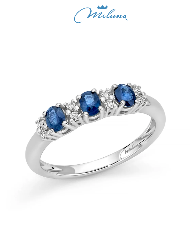 Anello trilogy Miluna con zaffiri blu ovali e diamanti in oro bianco 18kt - LID3758