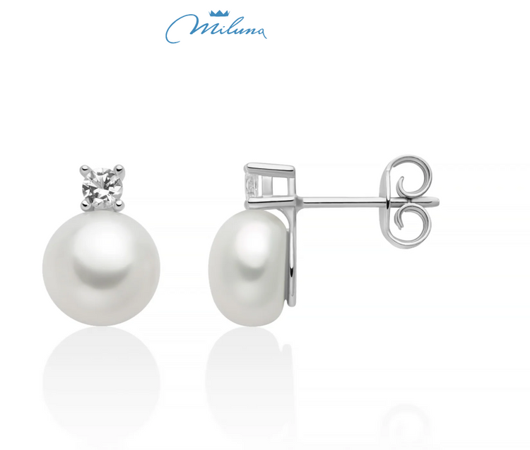 Orecchini Miluna, collezione Eva, in argento con perla Oriente 8,5-9 mm illuminata da un topazio bianco - PER2946