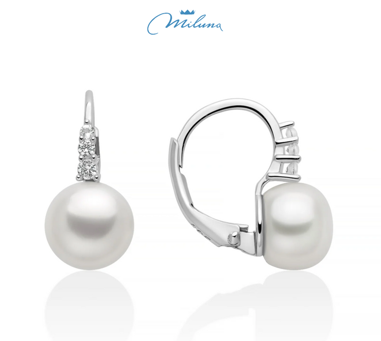 Orecchini Miluna, collezione Eva, a monachella in argento con perle Oriente 8,5-9 mm e topazi bianchi - PER2948