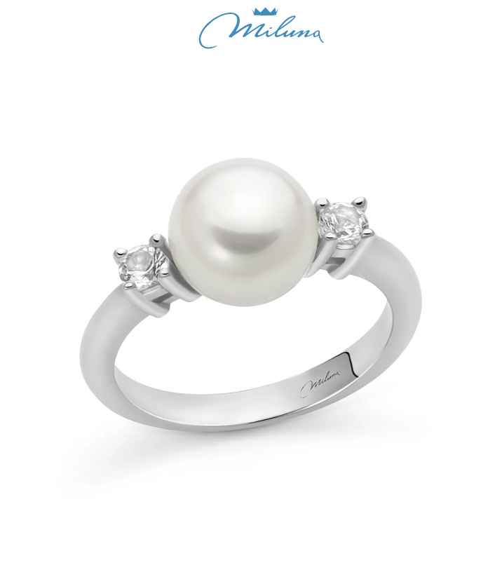Anello Miluna, collezione Eva, in argento con perla Oriente illuminata da due topazi bianchi - PLI1758