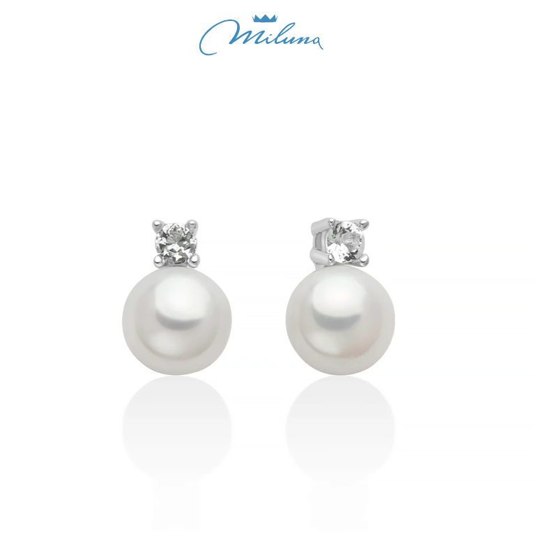 Orecchini Miluna, collezione Eva, in argento con perla Oriente 6,5-7 mm illuminata da un topazio bianco - PER2944