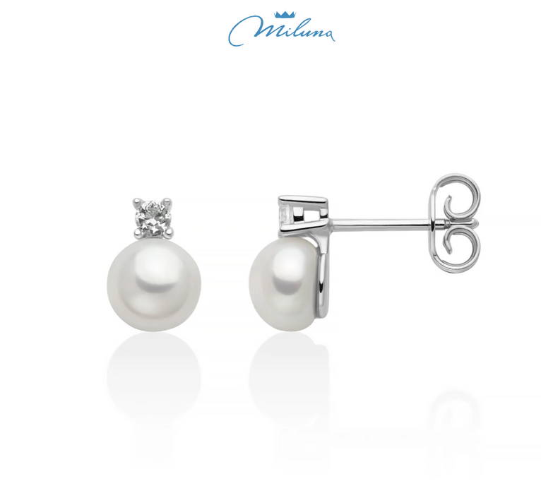 Orecchini Miluna, collezione Eva, in argento con perla Oriente 6,5-7 mm illuminata da un topazio bianco - PER2944
