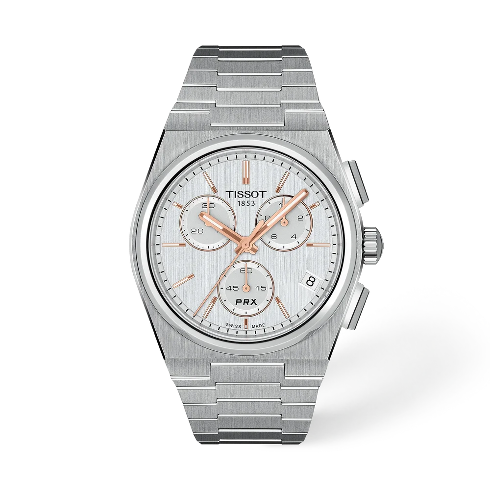 OROLOGIO TISSOT PRX, Quadrante silver e lancette dorate, cronografo movimento quarzo, 41mm - T137.417.11.031.00