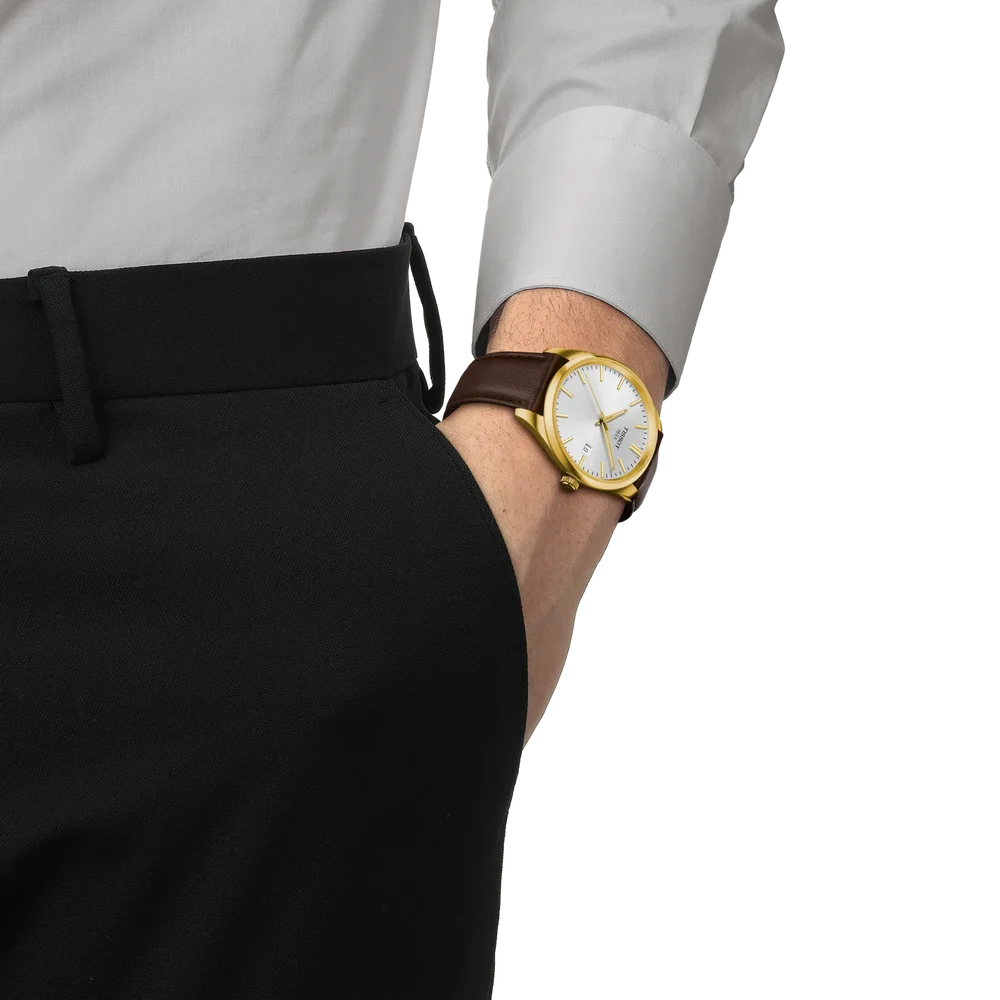 OROLOGIO TISSOT PR 100, quarzo quadrante bianco e cinturino in pelle marrone, 40mm - T1504103639100