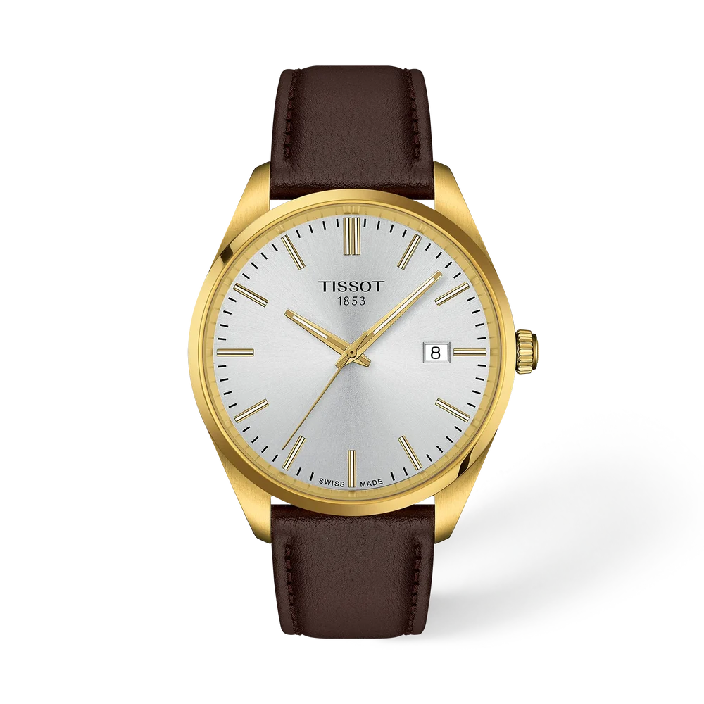OROLOGIO TISSOT PR 100, quarzo quadrante bianco e cinturino in pelle marrone, 40mm - T1504103639100