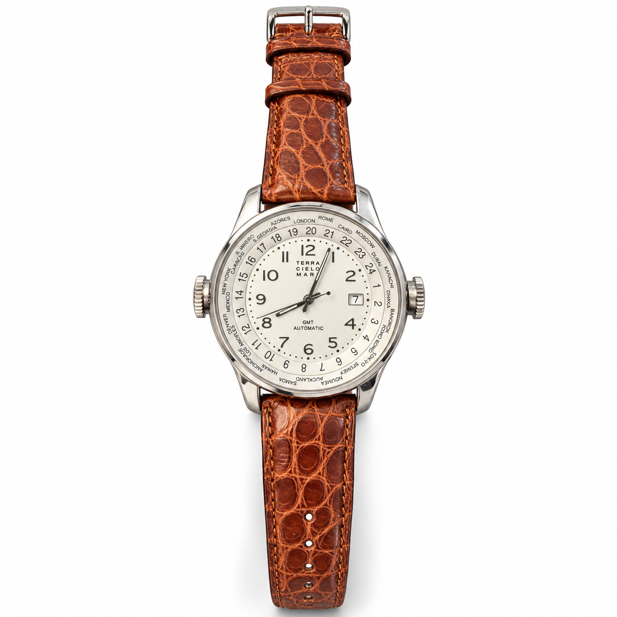 Orologio Terra Cielo Mare  World Wide GMT — 42 mm — Automatico ETA 2824-2 con anello world time, quadrante bianco — NOS con scatola originale - TC6051AC2PA