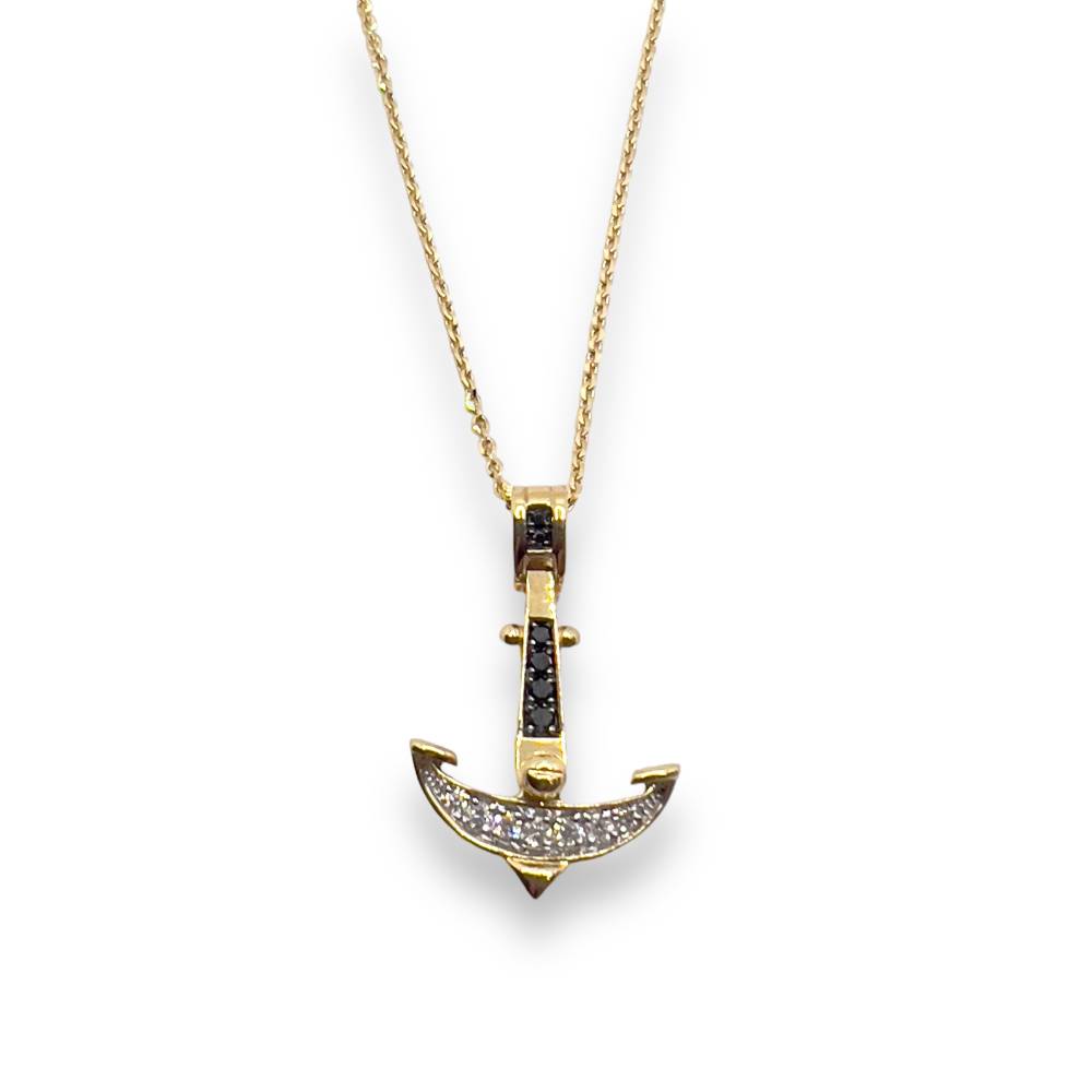 Yellow gold anchor necklace with white and black diamonds - UC093GB