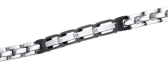 Bracciale Zancan in acciaio, con targa centrale in PVD nero e zirconi incastonati - UHB006