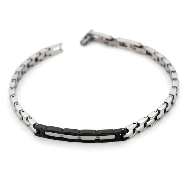 Bracciale Zancan in acciaio, con targa centrale in PVD nero e zirconi incastonati - UHB006