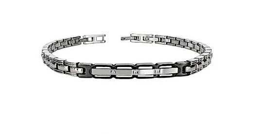 Bracciale Zancan in acciaio, con targa centrale in PVD nero e zirconi incastonati - UHB006
