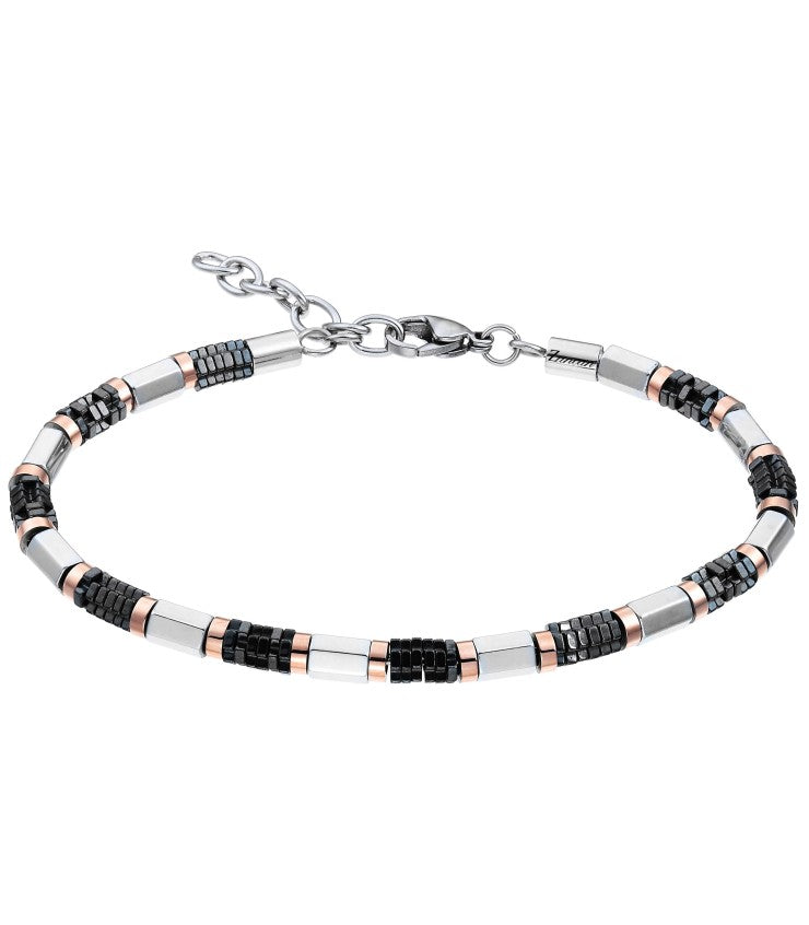 Bracciale Zancan in acciaio 316L, con Inserti in PVD colore oro rosa e Dettaglio centrale con spinelli neri - UHB021