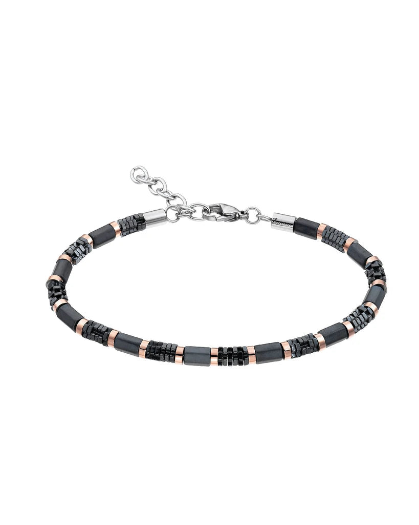 Zancan - Bracciale uomo in acciaio elementi ematite e dischetti pvd nero e oro rosa - UHB022